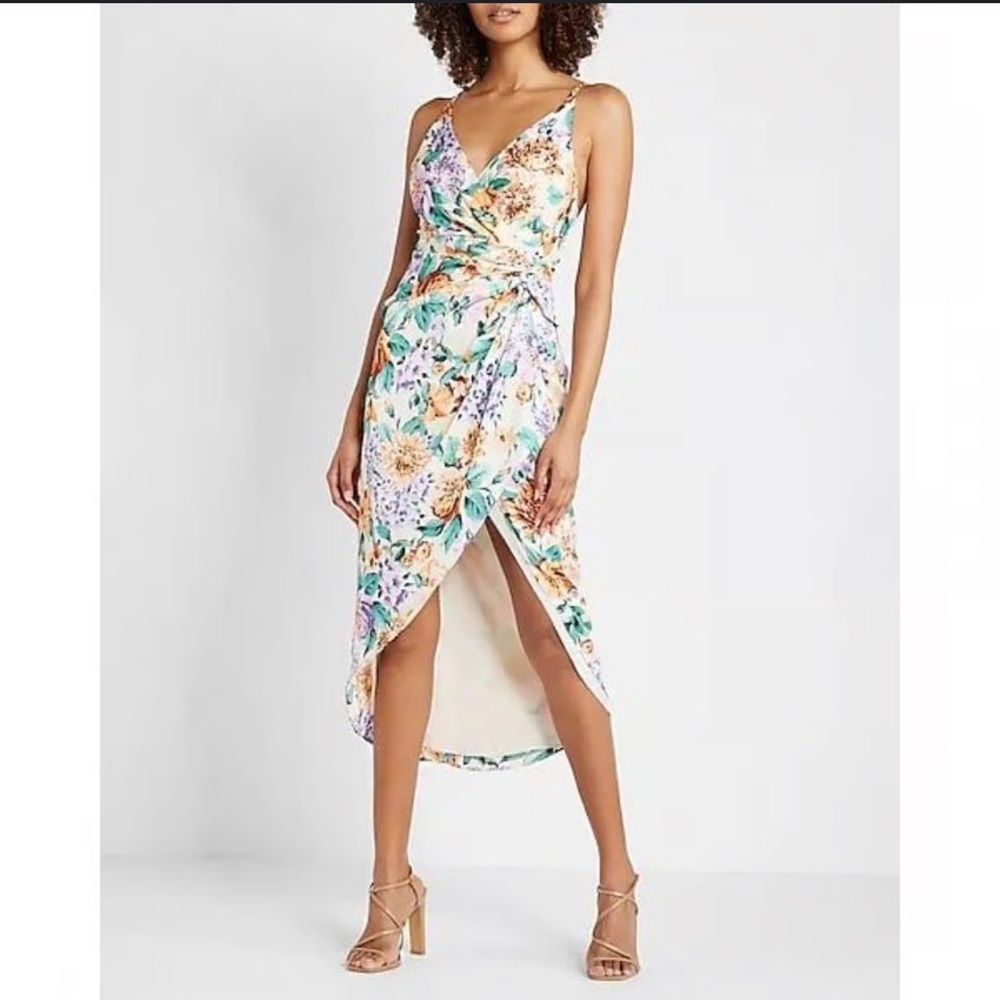 Express NWT Floral Twist Front Hi-Lo Midi Dress Faux Wrap Size XL